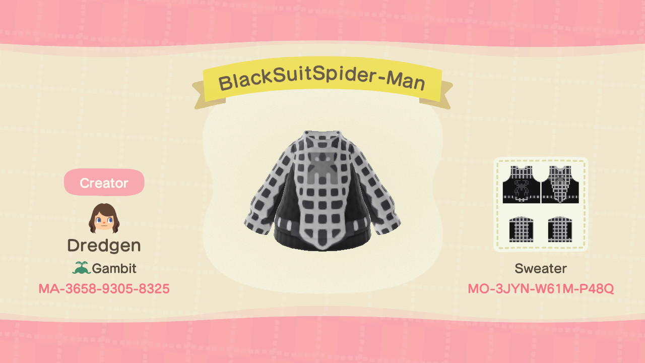 Animal Crossing Design Code: MO-3JYN-W61M-P48Q BlackSuitSpider-Man