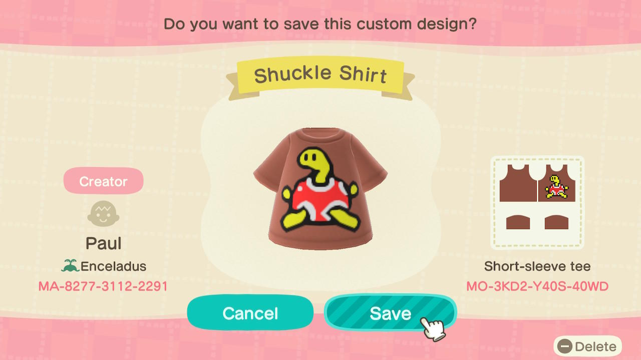 Animal Crossing Design Code: MO-3KD2-Y40S-40WD Shuckle Shirt