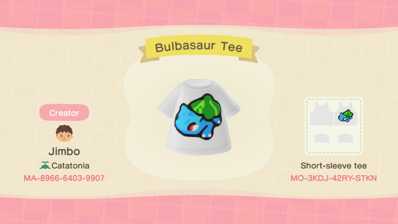 Animal Crossing Design Code: MO-3KDJ-42RY-STKN Bulbasaur Tee