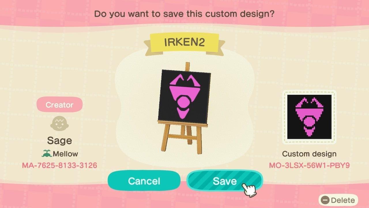 Animal Crossing Design Code: MO-3LSX-56W1-PBY9 IRKEN1