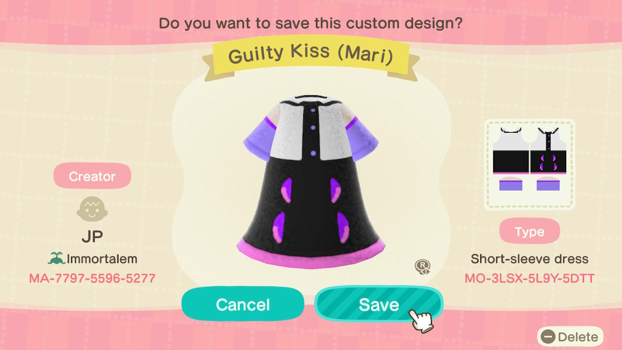Animal Crossing Design Code: MO-3LSX-5L9Y-5DTT Guilty Kiss (Mari)