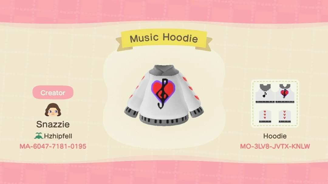 Animal Crossing Design Code: MO-3LV8-JVTX-KNLW Music Hoodie