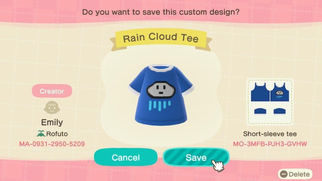 Animal Crossing Design Code: MO-3MFB-PJH3-GVHW Rain Cloud Tee