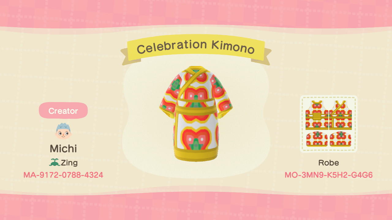 Animal Crossing Design Code: MO-3MN9-K5H2-G4G6 Celebration Kimono