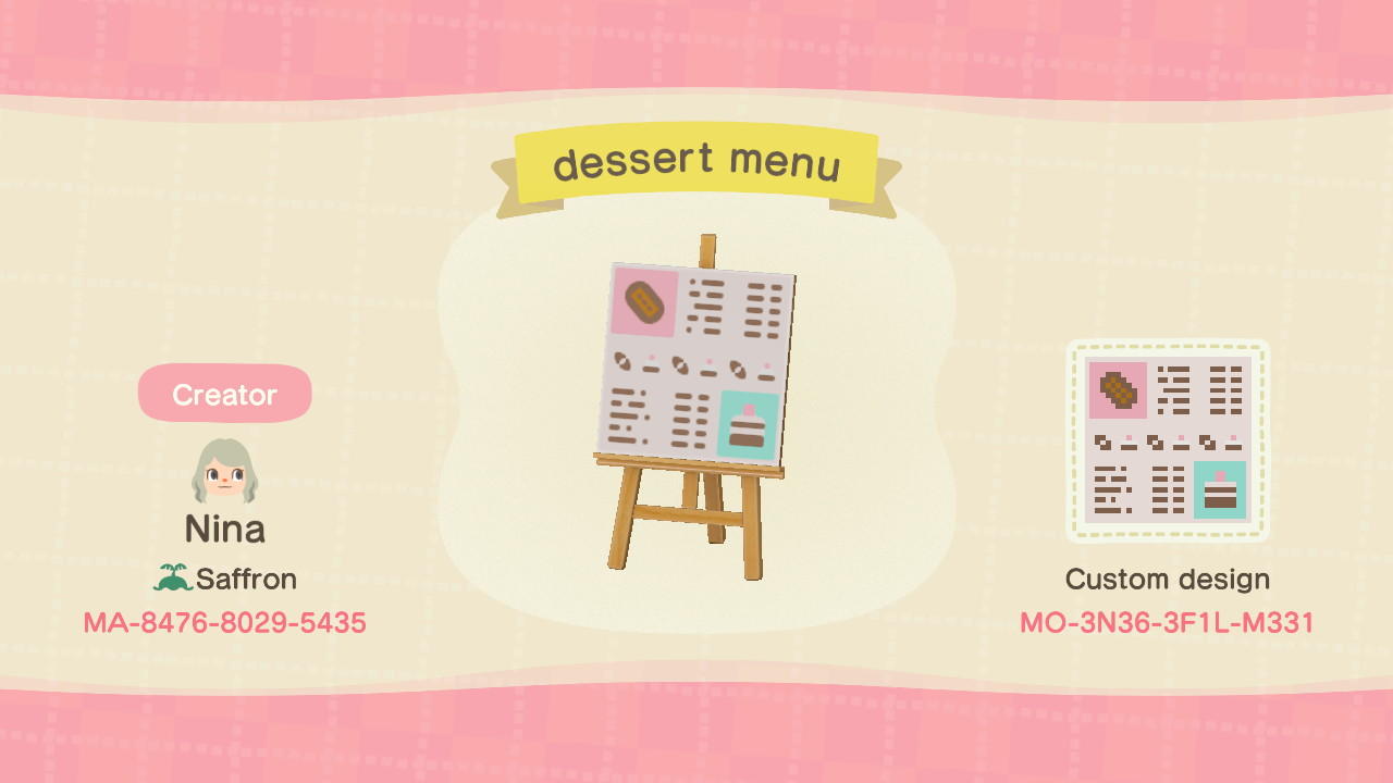Animal Crossing Design Code: MO-3N36-3F1L-M331 Dessert Menu