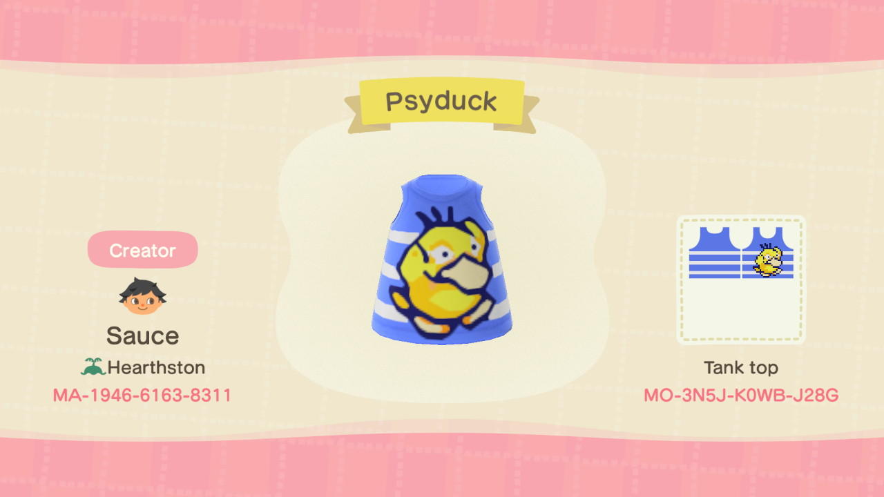 Animal Crossing Design Code: MO-3N5J-K0WB-J28G Psyduck Top