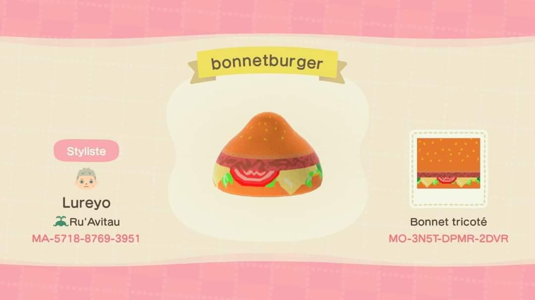 Animal Crossing Design Code: MO-3N5T-DPMR-2DVR Bonnet burger