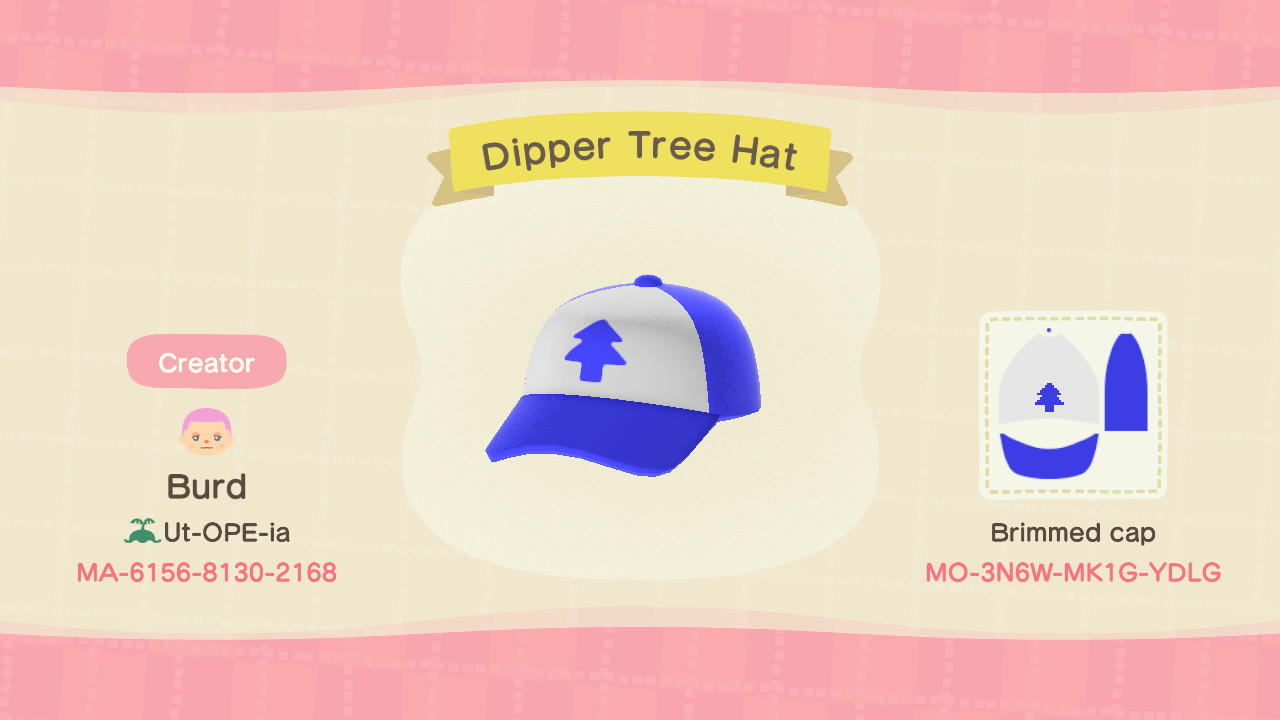 Animal Crossing Design Code: MO-3N6W-MK1G-YDLG Dipper Tree Hat