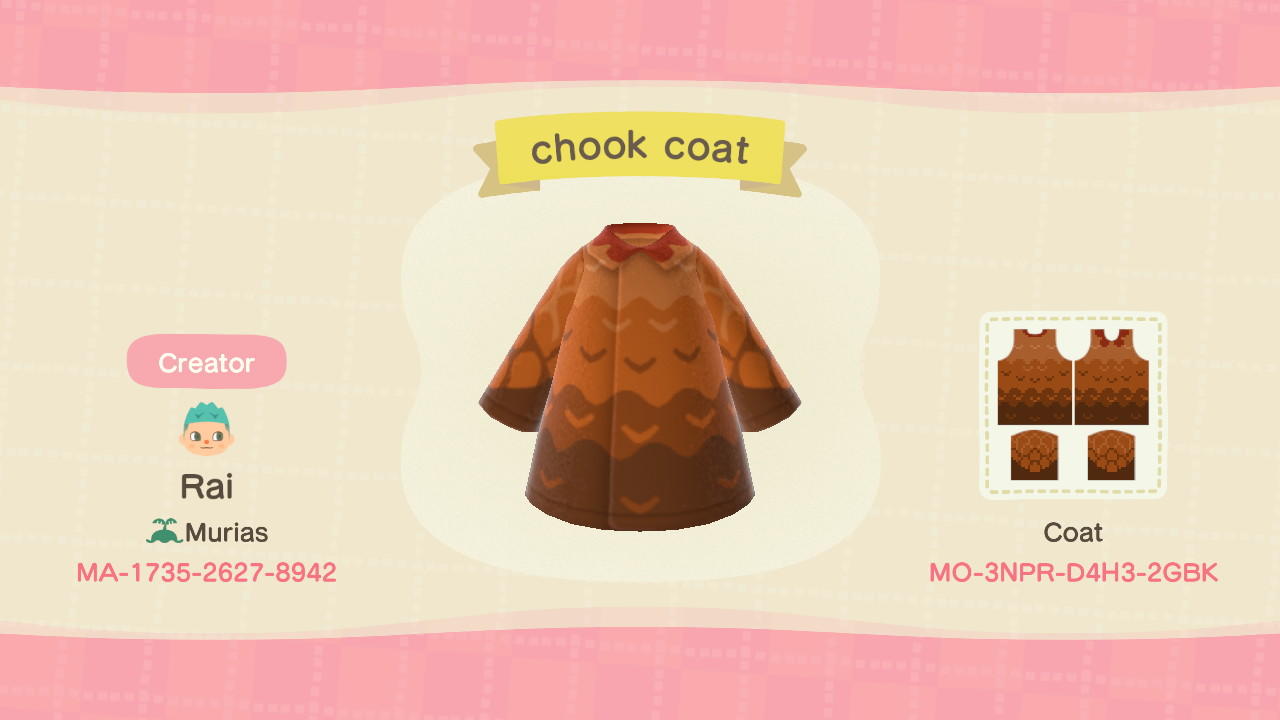Animal Crossing Design Code: MO-3NPR-D4H3-2GBK chook coat