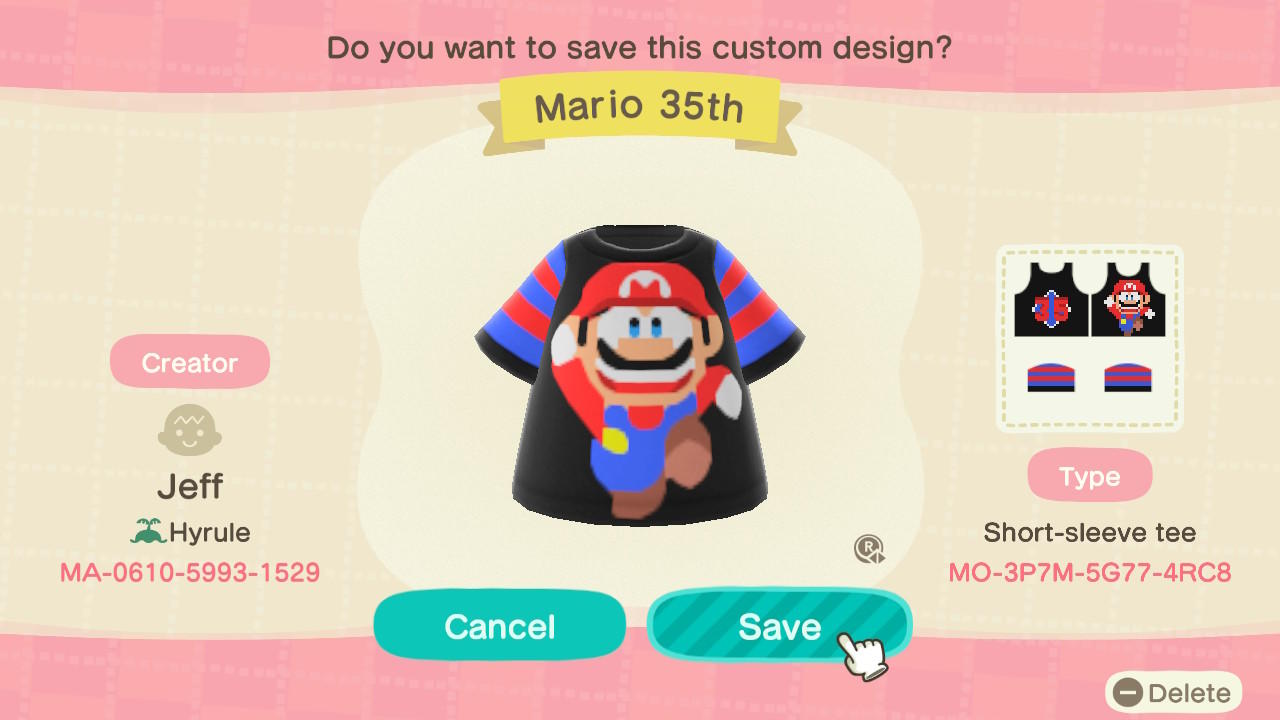 Animal Crossing Design Code: MO-3P7M-5G77-4RC8 Mario 35th