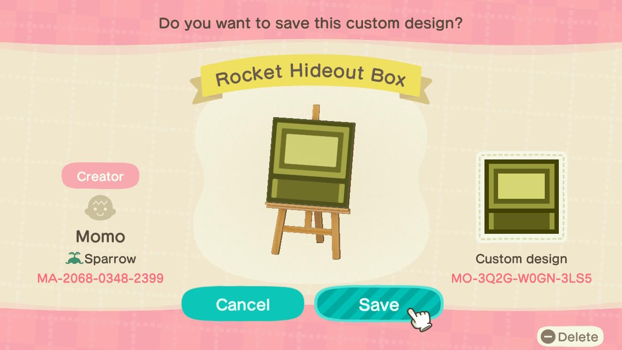 Animal Crossing Design Code: MO-3Q2G-W0GN-3LS5 Rocket Hideout Box