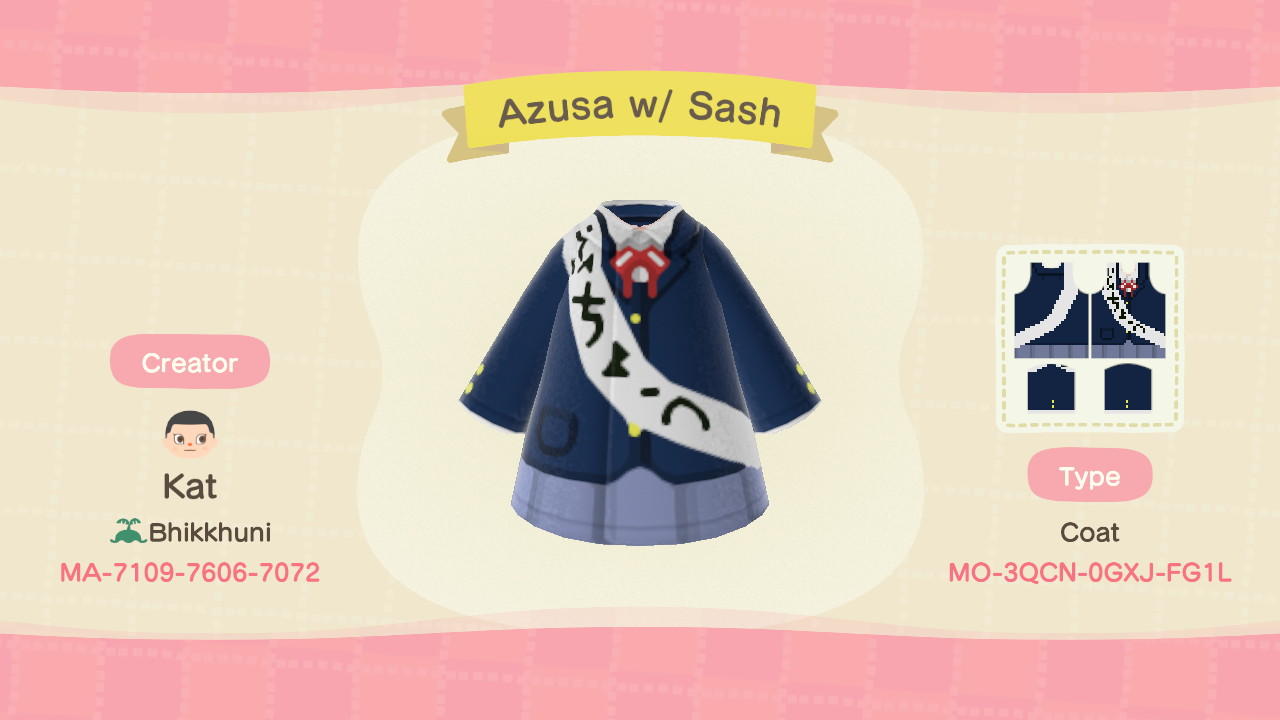 Animal Crossing Design Code: MO-3QCN-0GXJ-FG1L Azusa w/ Sash