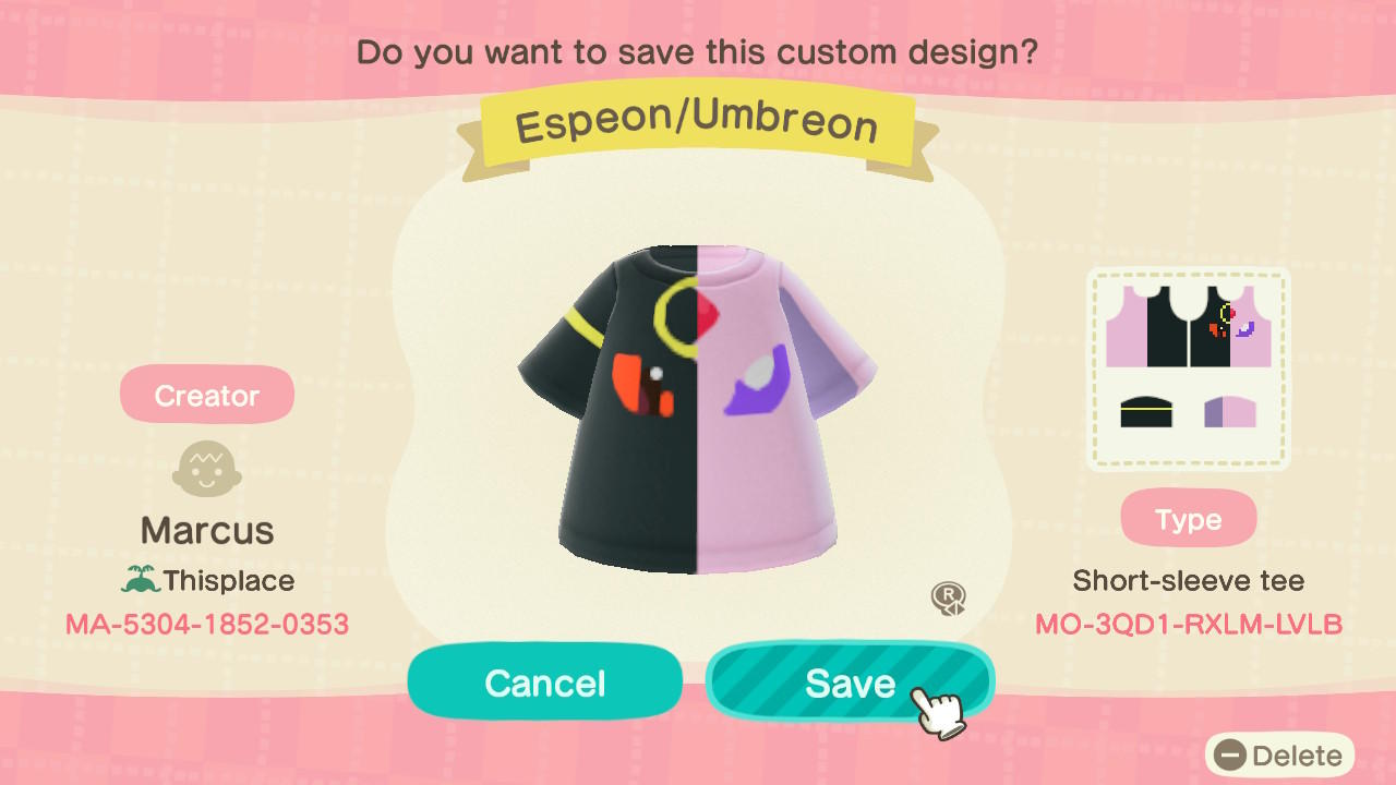 Animal Crossing Design Code: MO-3QD1-RXLM-LVLB Espeon/Umbreon