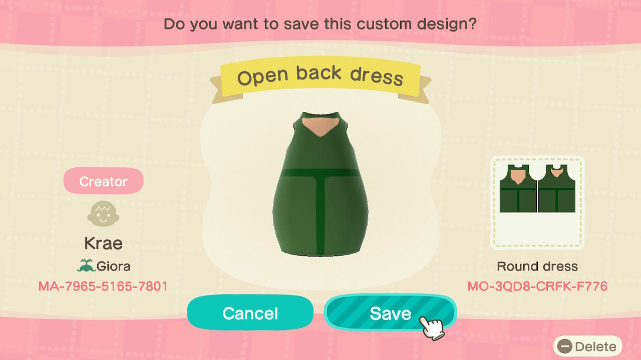 Animal Crossing Design Code: MO-3QD8-CRFK-F776 Open-back Green Dres