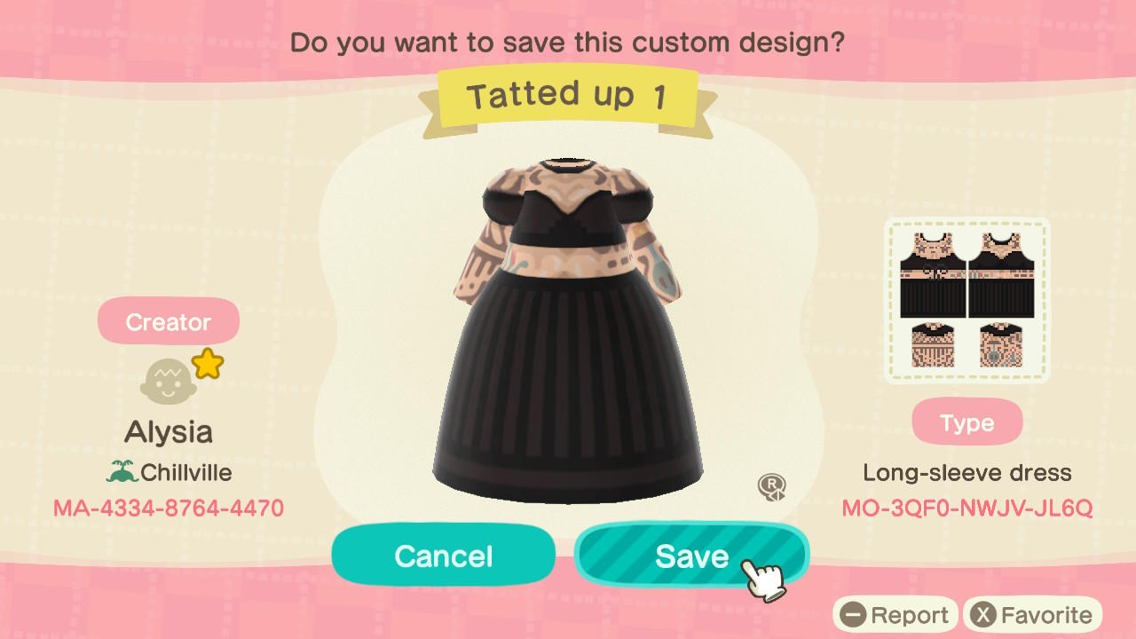 Animal Crossing Design Code: MO-3QF0-NWJV-JL6Q Tatted Up 1