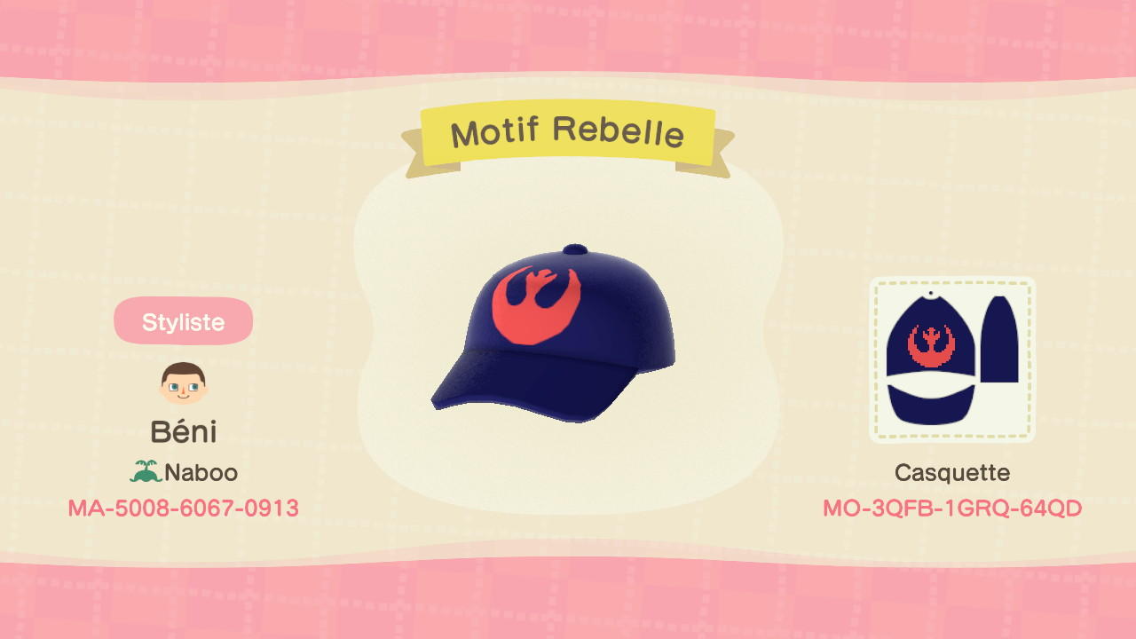 Animal Crossing Design Code: MO-3QFB-1GRQ-65QD SW Rebel Cap