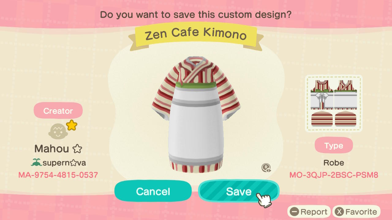 Animal Crossing Design Code: MO-3QJP-2BSC-PSM8 Zen Cafe Kimono