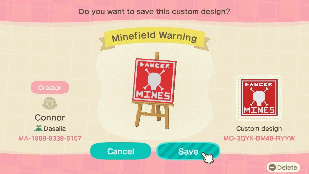 Animal Crossing Design Code: MO-3QYX-BM48-RYYW Minefield Warning