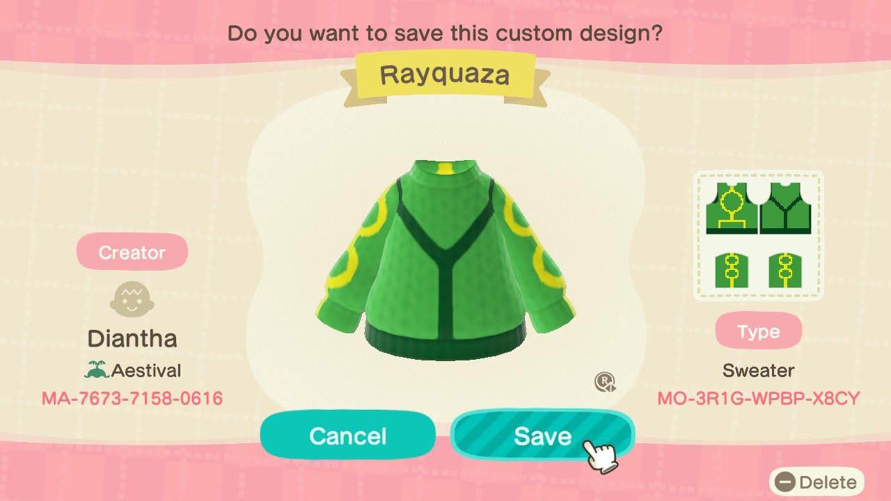 Animal Crossing Design Code: MO-3R1G-WPBP-X8CY Rayquaza Sweater