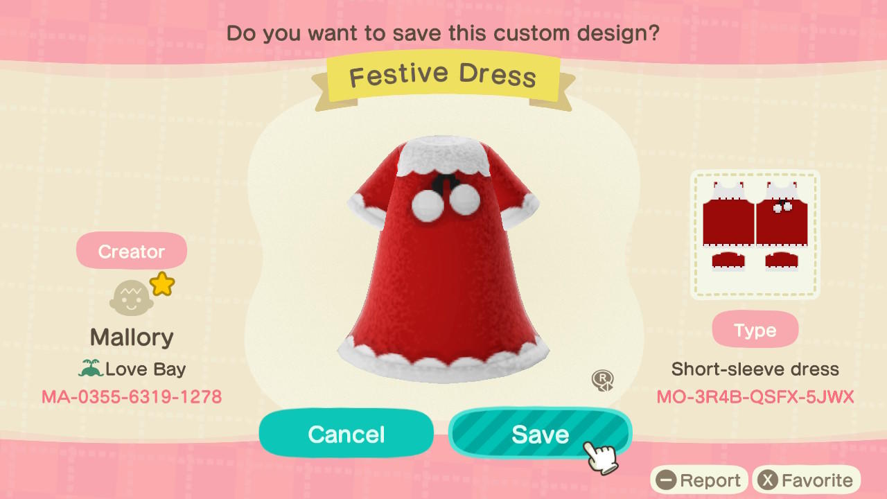 Animal Crossing Design Code: MO-3R4B-QSFX-5JWX Festive Dress