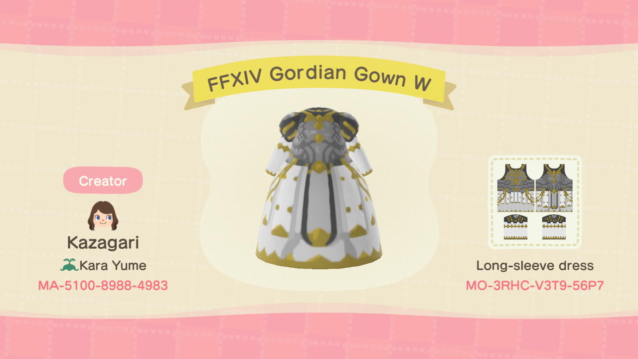 Animal Crossing Design Code: MO-3RHC-V3T9-56P7 FFXIV Gordian Gown W