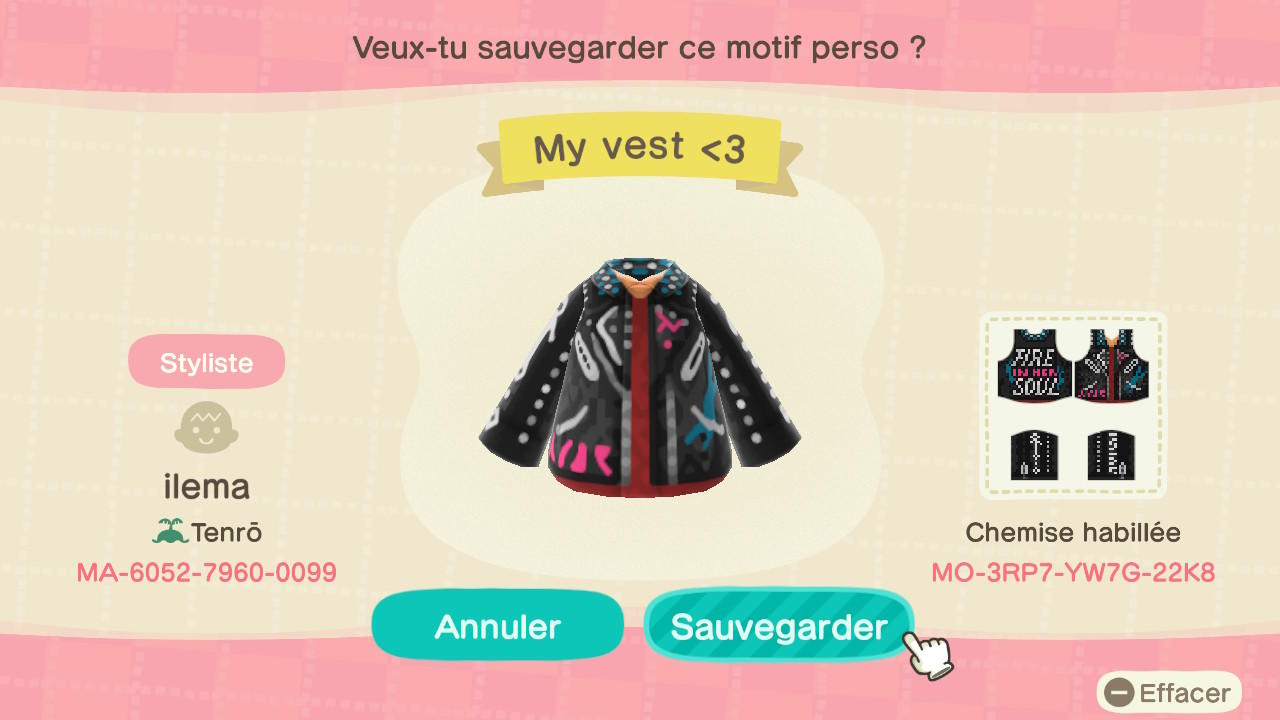 Animal Crossing Design Code: MO-3RP7-YW7G-22K8 My vest