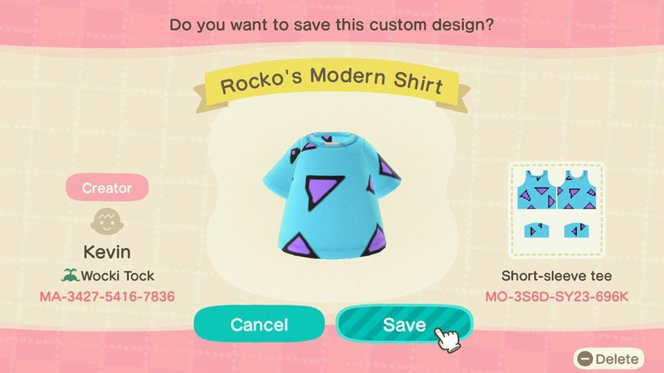 Animal Crossing Design Code: MO-3S6D-SY23-696K Rockos Modern Shirt