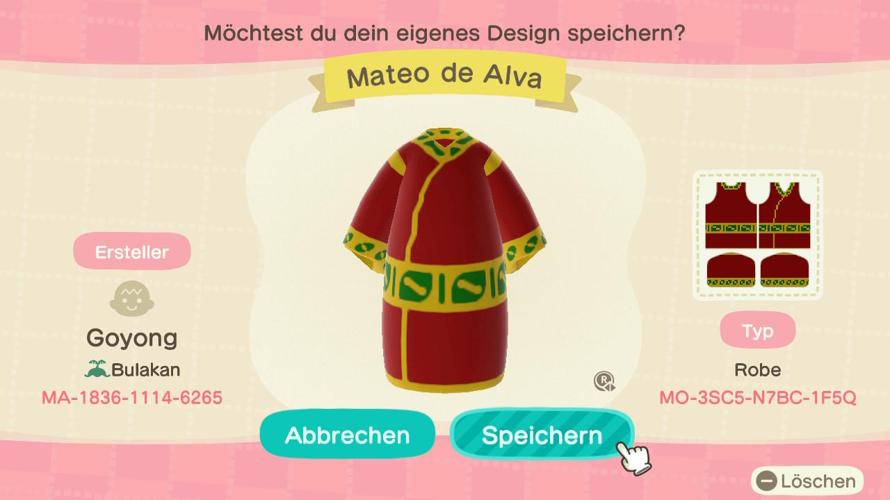 Animal Crossing Design Code: MO-3SC5-N7BC-1F5Q Mateo de Alva