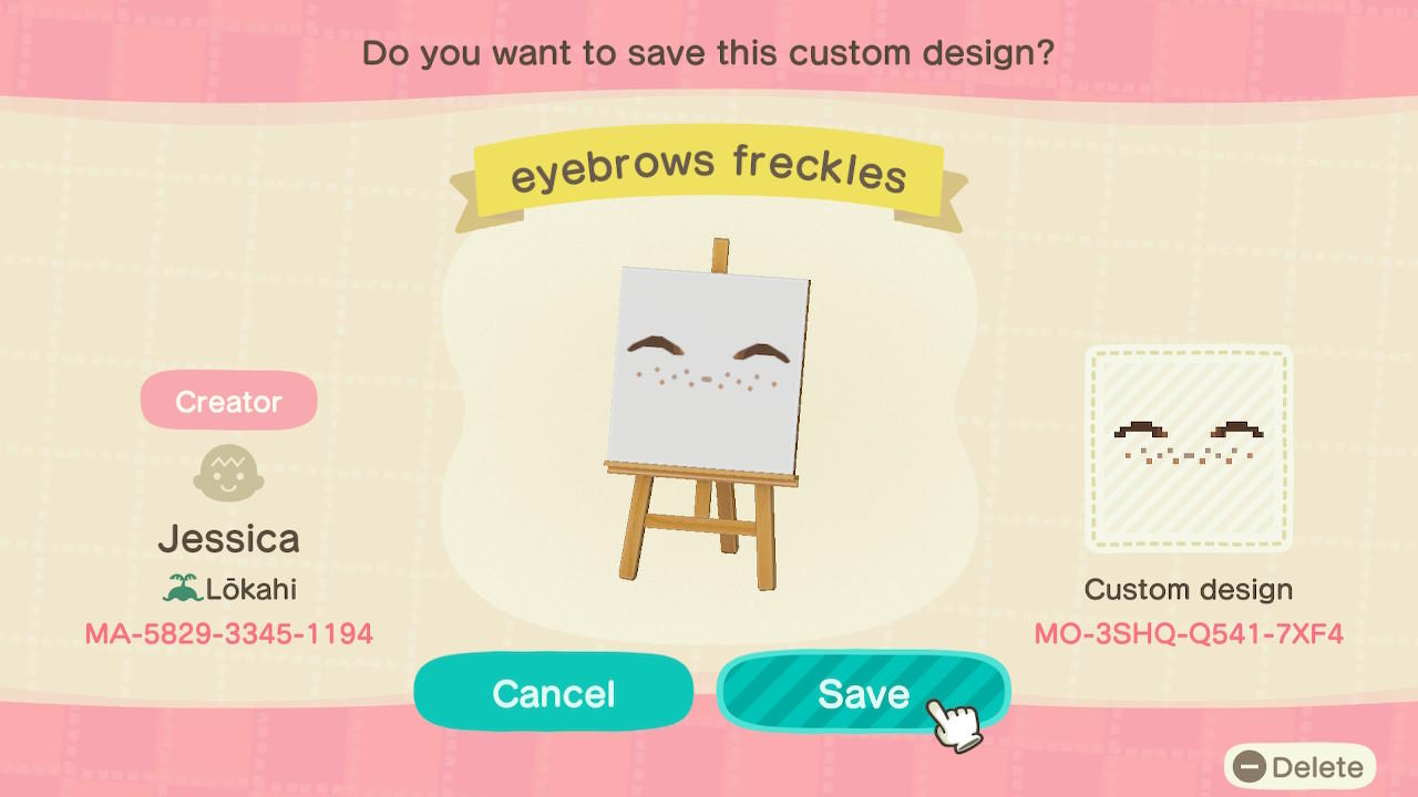 Animal Crossing Design Code: MO-3SHQ-Q541-7XF4 eyebrows freckles