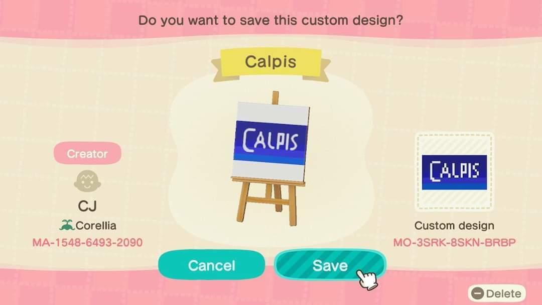 Animal Crossing Design Code: MO-3SRK-8SKN-BRBP Calpis
