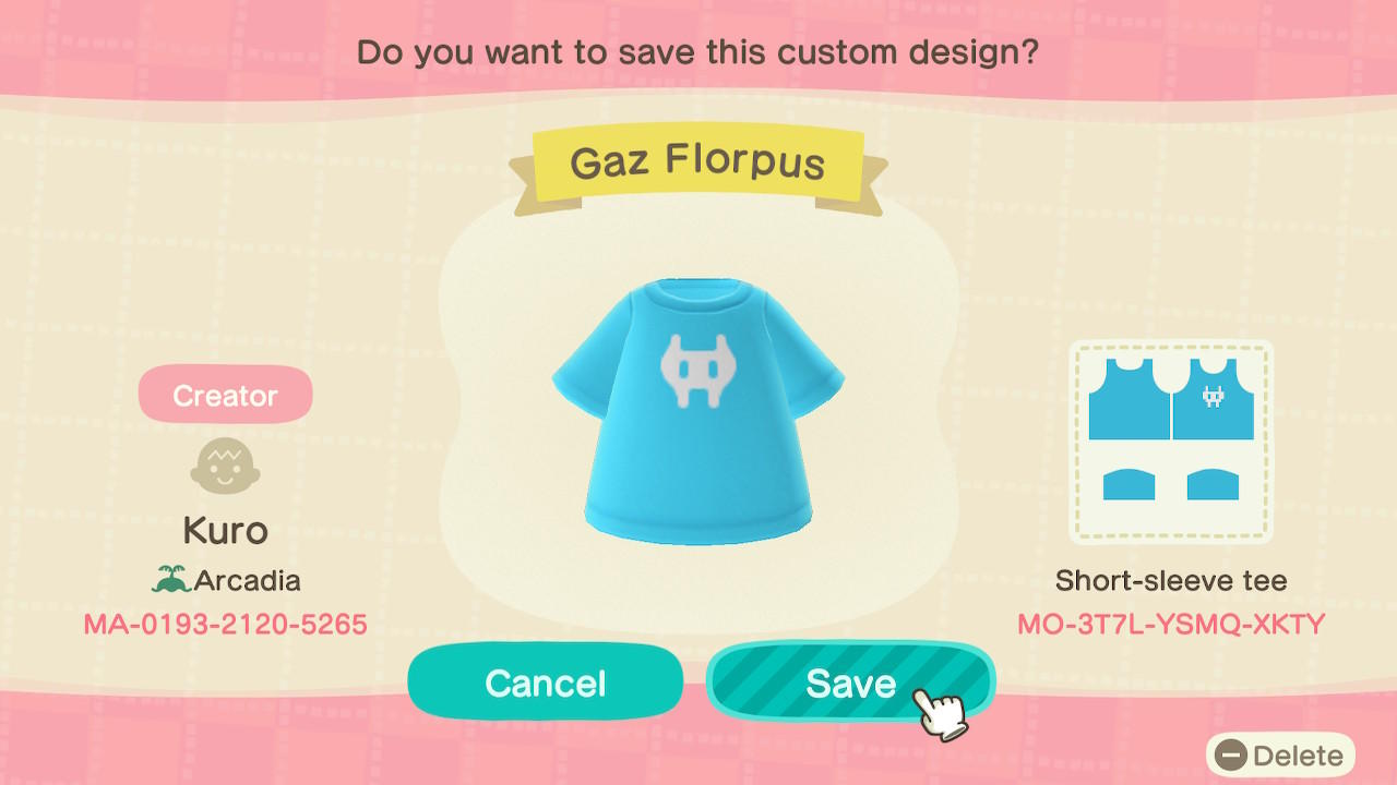 Animal Crossing Design Code: MO-3T7L-YSMQ-XKTY Gaz Florpus