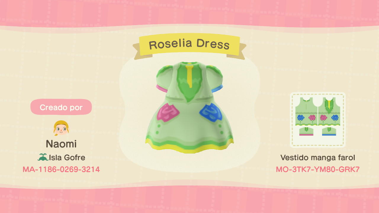 Animal Crossing Design Code: MO-3TK7-YM80-GRK7 Roselia Dress