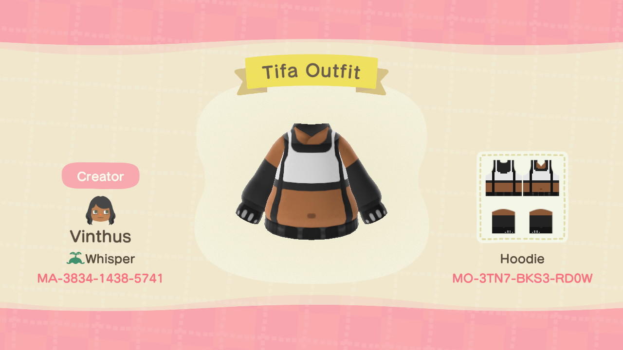 Animal Crossing Design Code: MO-3TN7-BKS3-RD0W Tifa Top