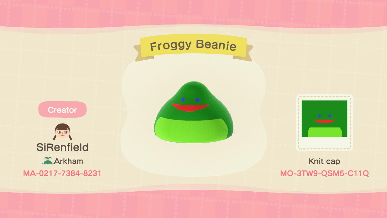 Animal Crossing Design Code: MO-3TW9-QSMF-C11Q Froggy Cap