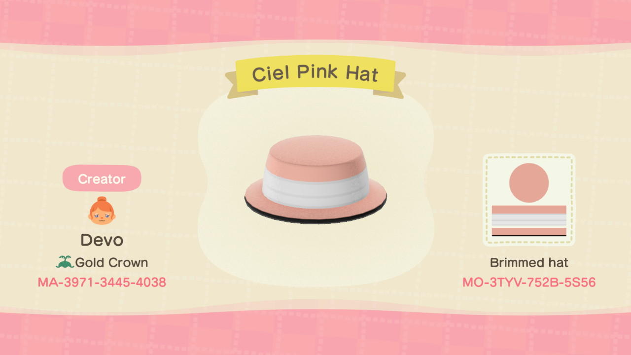 Animal Crossing Design Code: MO-3TYV-752B-5S56 Ciel Pink Hat