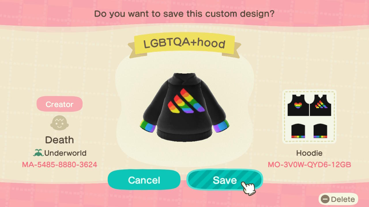 Animal Crossing Design Code: MO-3V0W-QYD6-12GB Adidas Pride