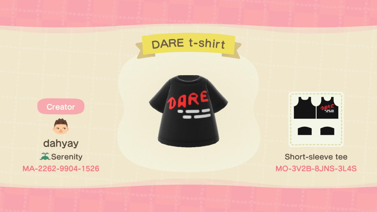 Animal Crossing Design Code: MO-3V2B-8JNS-3L4S DARE t-shirt