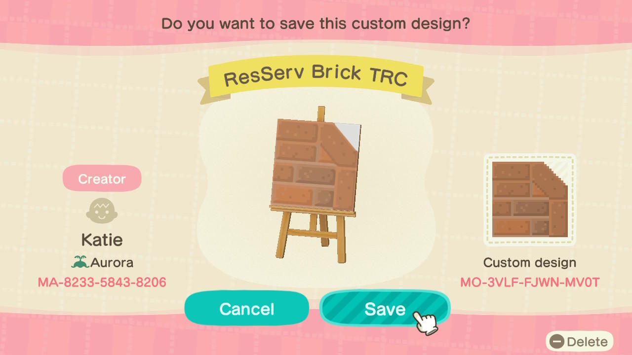 Animal Crossing Design Code: MO-3VLF-FJWN-MV0T ResServ Brick TRC