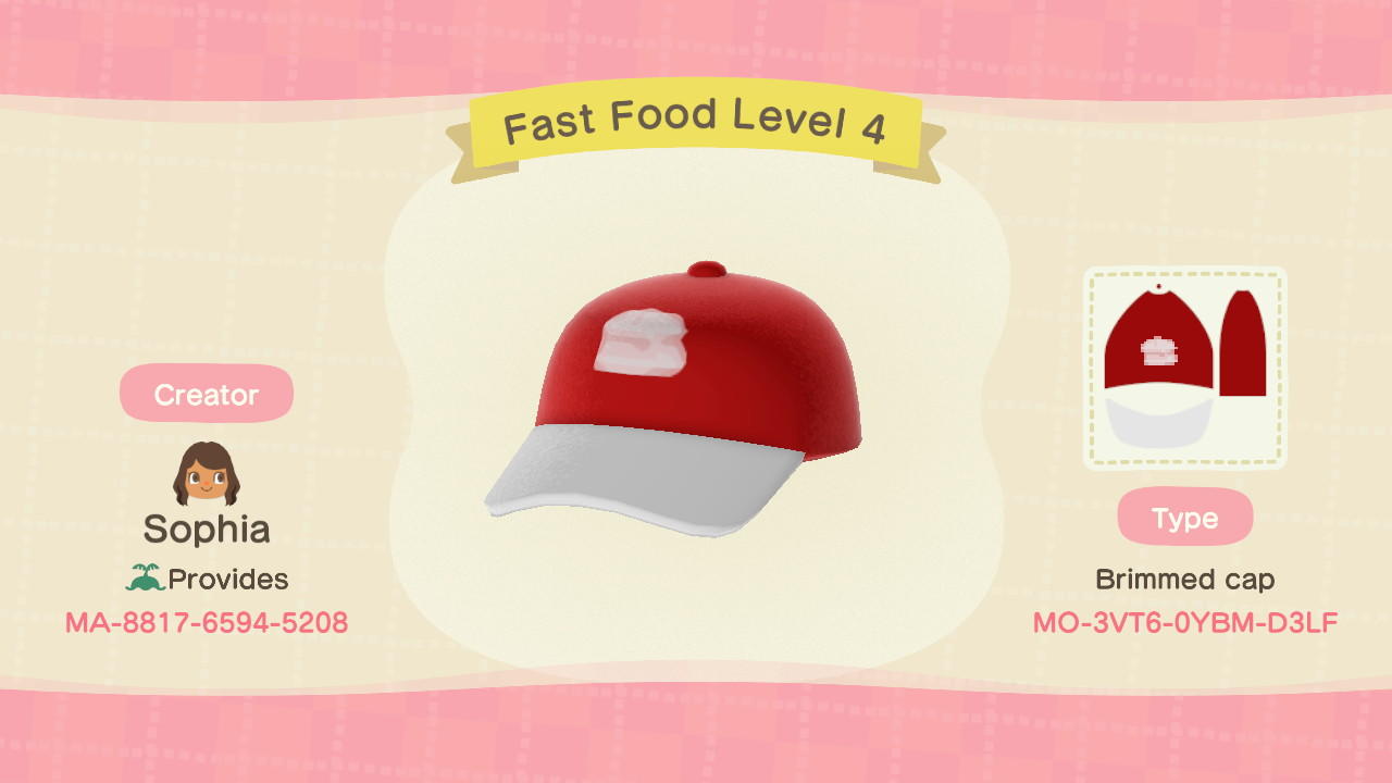 Animal Crossing Design Code: MO-3VT6-0YBM-D3LF Fast Food Level 4