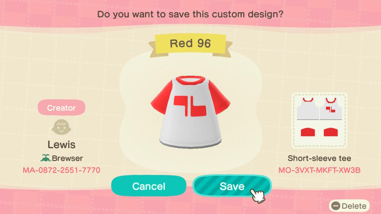 Animal Crossing Design Code: MO-3VXT-MKFT-XW3B Red 96