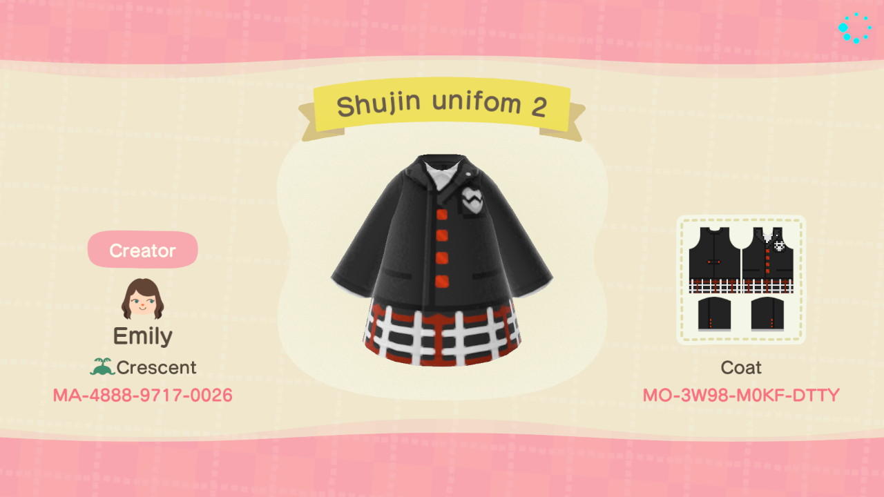 Animal Crossing Design Code: MO-3W98-M0KF-DTTY Shujin uniform 2