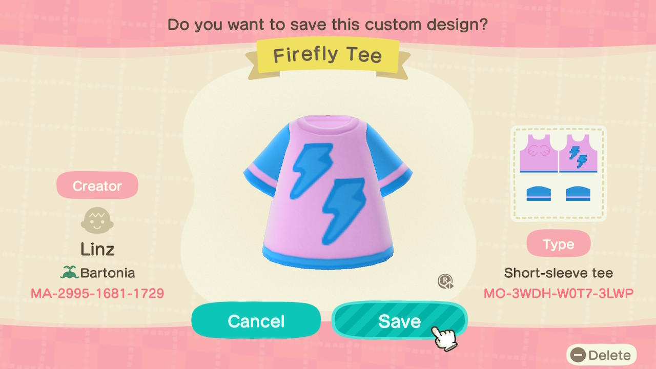 Animal Crossing Design Code: MO-3WDH-W0T7-3LWP MLP Firefly Tee