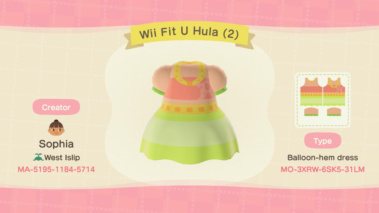 Animal Crossing Design Code: MO-3XRW-6SK5-31LM Wii Fit U Hula