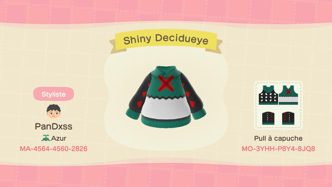 Animal Crossing Design Code: MO-3YHH-P8Y4-8JQ8 Shiny Decidueye