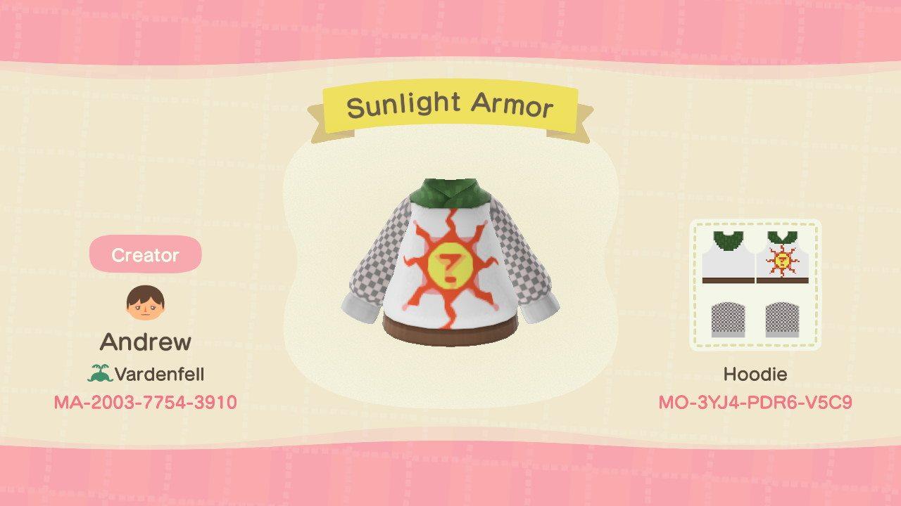 Animal Crossing Design Code: MO-3YJ4-PDR6-V5C9 Sunlight Armor