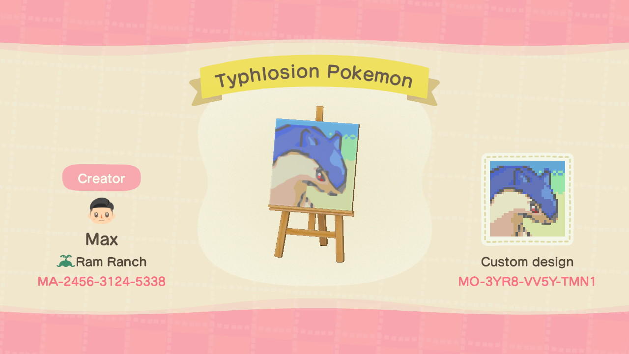 Animal Crossing Design Code: MO-3YR8-VV6Y-TMN1 Typhlosion Pokemon
