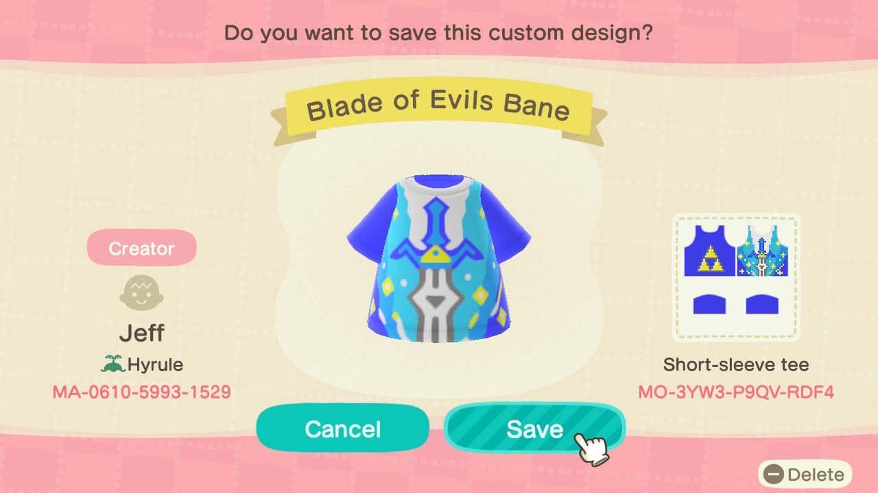 Animal Crossing Design Code: MO-3YW3-P9QV-RDF4 Blade of Evils Bane