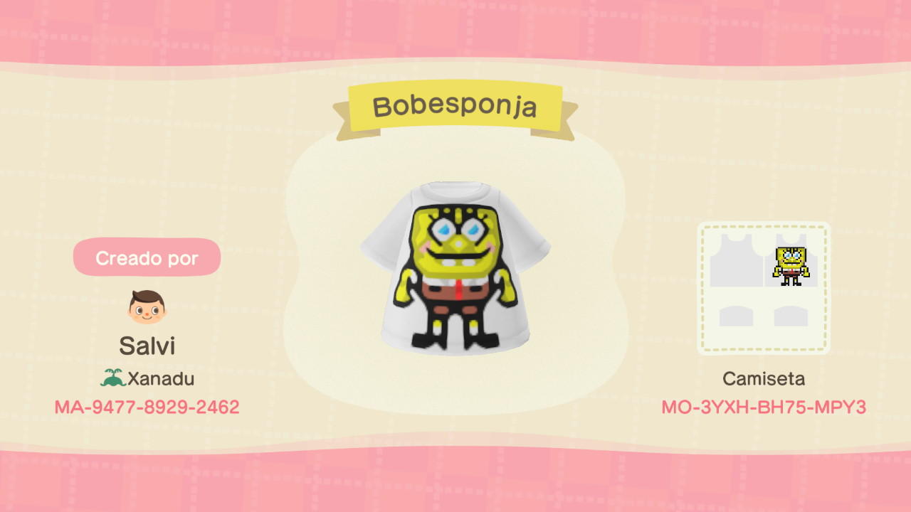 Animal Crossing Design Code: MO-3YXH-BH75-MPY3 Spongebob