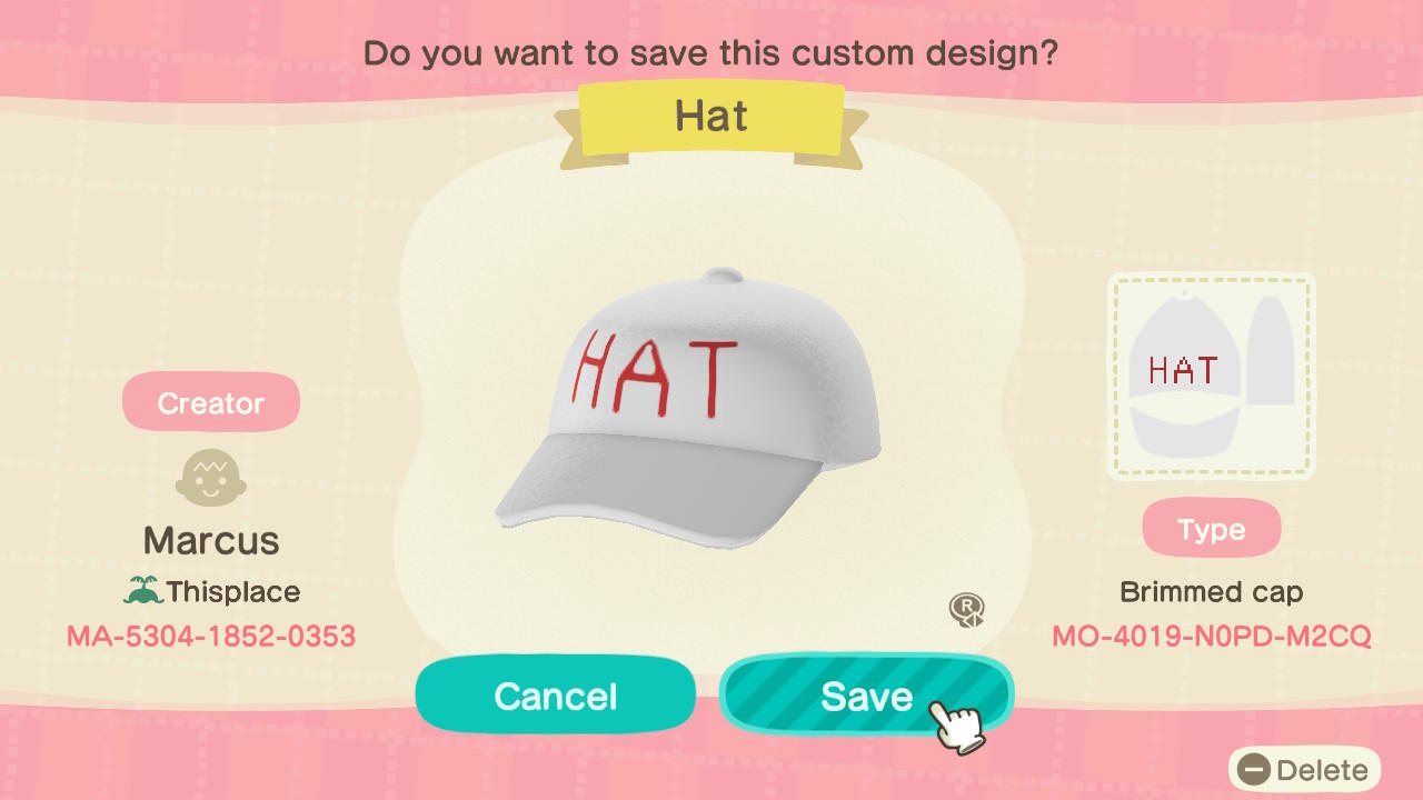 Animal Crossing Design Code: MO-4019-N0PD-M2CQ Hat.