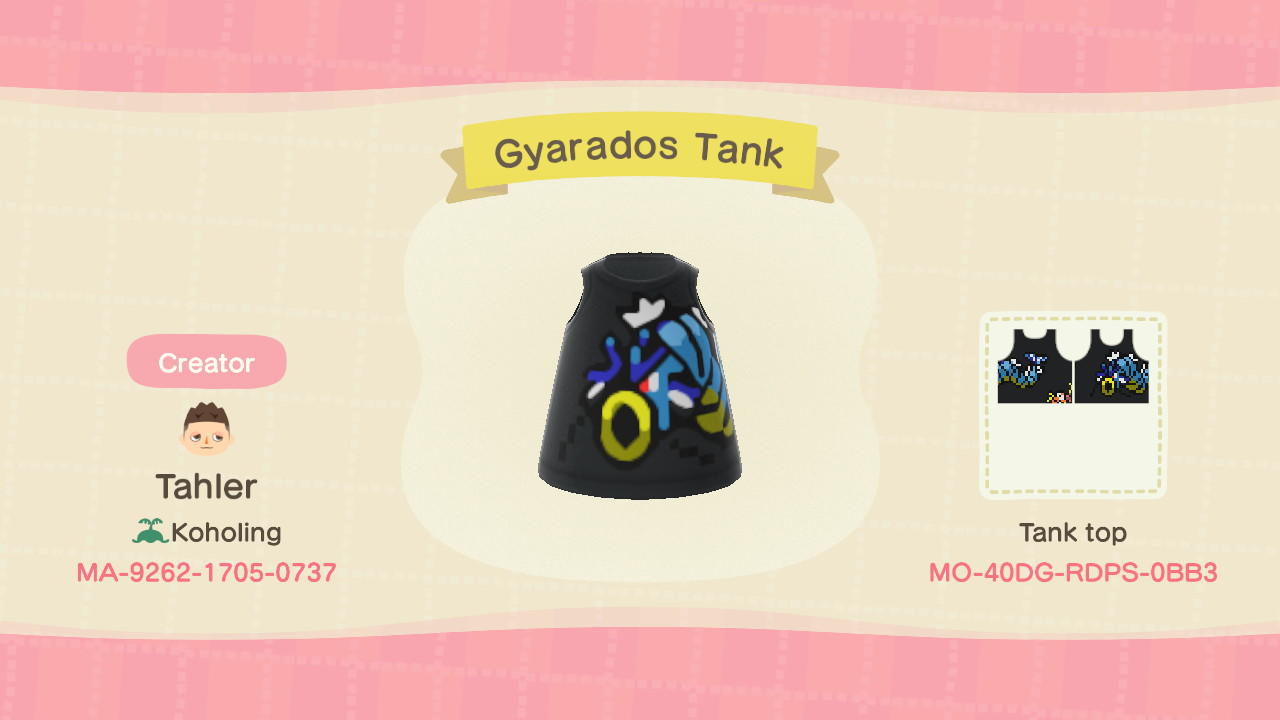 Animal Crossing Design Code: MO-40DG-RDPS-0BB3 Gyarados Tanktop